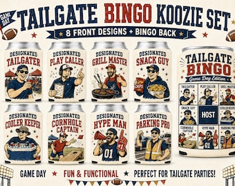 Juego de enfriadores de latas Tailgate Bingo / 8 diseños divertidos para el día del partido + reverso de bingo / Paquete de sublimación para fiestas de fútbol