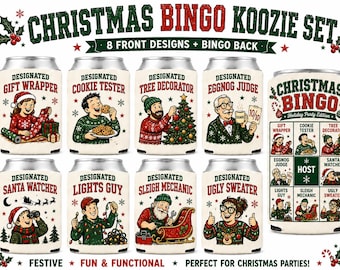 Juego de enfriadores de latas de bingo navideño / 8 divertidos enfriadores de latas navideños con parte trasera de bingo / Enfriadores de latas para fiestas navideñas / Juego de regalo para rellenar calcetines navideños