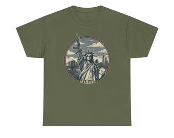 Camiseta con ilustración de la Estatua de la Libertad / Horizonte de Nueva York, diseño circular vintage