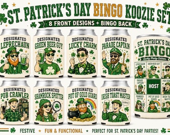 Juego de enfriadores de latas de bingo para el Día de San Patricio / 8 divertidos enfriadores de latas irlandeses con reverso de bingo / Recuerdos para fiestas del Día de San Patricio