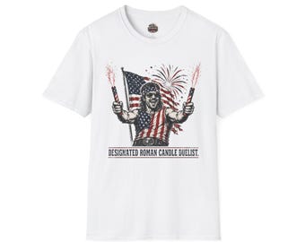 Camiseta de duelista con diseño de vela romana / Fuegos artificiales con bandera patriótica