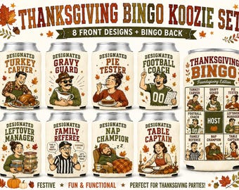 Juego de enfriadores de latas de bingo para Acción de Gracias / 8 divertidos enfriadores de latas para Friendsgiving con parte trasera de bingo / Recuerdos para fiestas de Acción de Gracias