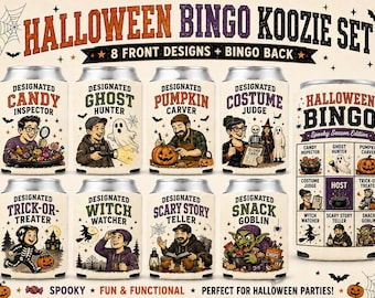 Juego de bingo con enfriadores de latas de Halloween, 8 diseños divertidos de enfriadores de latas de Halloween + reverso de bingo, paquete de sublimación para fiestas espeluznantes, juego para fiestas de Halloween