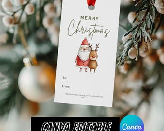 Printable Christmas Gift Tags | Cute Santa & Reindeer Gift Tag | Merry Christmas Holiday Tag | Editable To From Tag | Instant Download