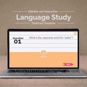 May include: A laptop screen shows a language study flashcard template. The question asks for the Japanese word for "water." The interface includes "Flip Card" and "Next" buttons. The text "Editable and Interactive Language Study Flashcard Template" is at the top of the screen.