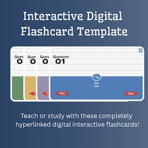 Könnte beinhalten: Ein Bild einer interaktiven digitalen Karteikarten-Vorlage mit dem Text "Interactive Digital Flashcard Template". Die Karteikarten sind weiß mit farbigen Abschnitten und den Wörtern "Back" und "Next". Der Text "Teach or study with these completely hyperlinked digital interactive flashcards!" ist ebenfalls vorhanden.