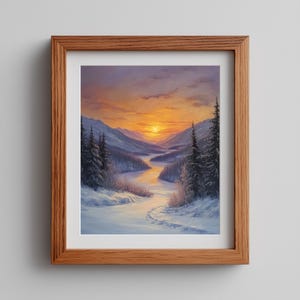 May include: A framed landscape painting shows a winter scene with snow-covered mountains and a river reflecting the warm colors of a sunset. The artwork is in a natural wood frame, enhancing the serene atmosphere.