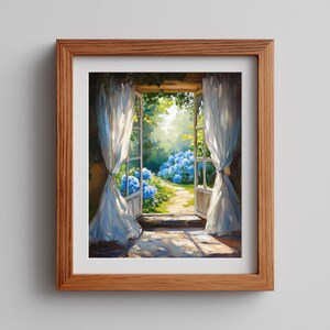 May include: A framed art print depicts an open doorway with white curtains, revealing a sunlit garden path lined with blue hydrangeas. The artwork is encased in a brown wooden frame, creating a serene and inviting scene.
