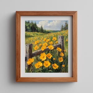 Rustic Buttercup Field with Fence Post Printable - Cozy Cottagecore Landscape Painting, Bright Pastoral Yellow Flowers, Digital Download 479