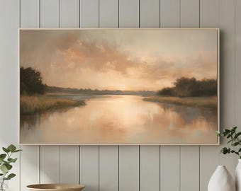 Cuadro decorativo para TV con paisaje pastoral veraniego vintage, escena serena de río, cuadro decorativo para TV Samsung, decoración rústica de estilo campestre, descarga digital 608