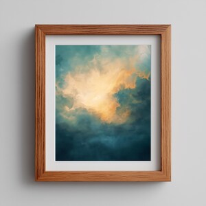 May include: A framed art print featuring an abstract cloudscape. The artwork showcases a blend of teal, dark blue, and golden yellow hues, creating a dramatic and ethereal effect. The wooden frame adds a classic touch to the piece.