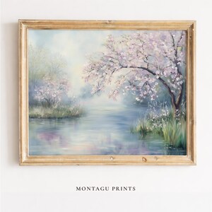 Romantic Spring Cherry Blossom Painting - Serene Print with Cottagecore Charm, Pastel Blossoms, Calm Pond Reflection, Printable Art 565