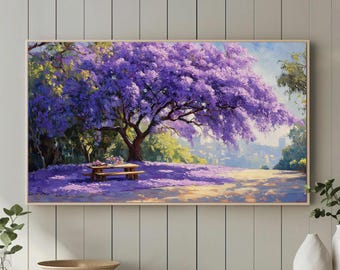 Spring Cottagecore Frame TV Art, Rustic Jacaranda Tree and Picnic Scene, Summer Romantic Wall Decor, Digital Download, Warm Colors 1038