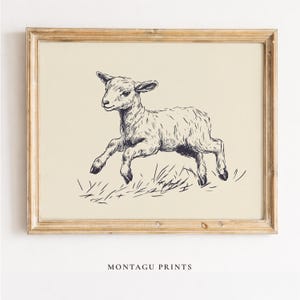 May include: A framed print featuring a pen and ink illustration of a lamb leaping across a grassy area. The artwork is in a vintage style, with the text "MONTAGU PRINTS" at the bottom. The frame is a light brown color.
