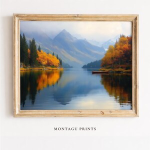 素朴な秋の湖の風景プリントウォールアート - ムーディーな山の景色、黄金色の秋の色、穏やかな水面の反射デジタルダウンロード 1348