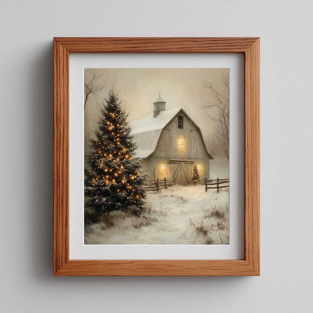 Rustic Christmas Barn Print, Printable Winter Art, Cozy Snowy Scene ...