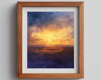 Warm Glowing Sunrise Printable - Moody Painterly Landscape Art, Dramatic Golden Sky Scene, Cozy Atmosphere, Serene Digital Wall Decor 151