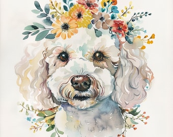 May include: Watercolor painting of a white poodle wearing a floral crown. The dog's fur is depicted in soft, flowing strokes, with detailed eyes and nose. The crown features a variety of colorful flowers and greenery, creating a whimsical and artistic portrait.