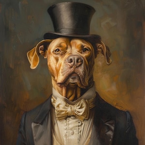 May include: A portrait of a dog wearing a black top hat, tuxedo, and a cream-colored bow tie. The dog has brown fur and is set against a dark, textured background. The painting has a classic, formal style.