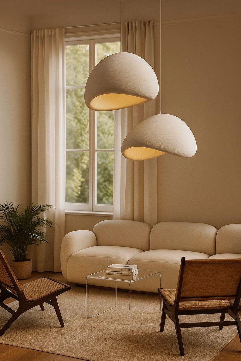 Lámpara colgante Japandi, cúpula blanca con efecto yeso, iluminación minimalista