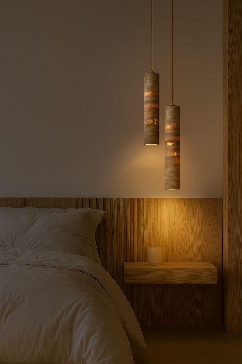 Lámpara colgante cilíndrica de travertino, piedra natural, diseño minimalista