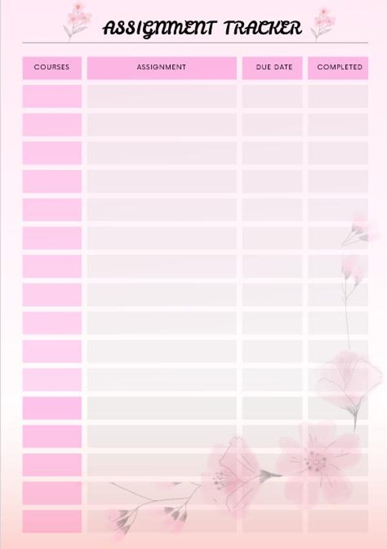 Pink Assignment Tracker Simple Printable Planner for School ...