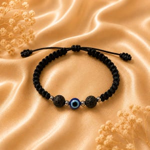 Handmade Macrame Lava Stone Bracelet with Blue Evil Eye • Adjustable • Gift Box Included • Free Shipping    Geschenkidee •Handmade •Lartniko