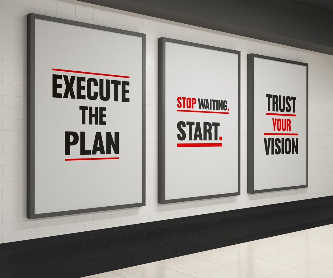 Hustle Motivational Wall Art Set of 3 - Action Quotes, Office Gym Decor ...