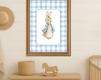 Peter Rabbit Nursery Print, Printable Vintage Baby Room Decor, Blue Beatrix Potter Wall Art