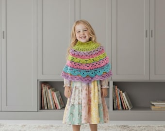 Rainbow Kids Poncho Crochet Pattern, Layered Scalloped Design, DIY Toddler Cape PDF
