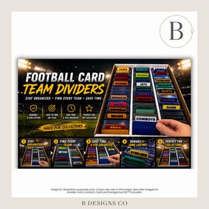 May include: Football card team dividers with team names on each divider. The dividers are in a box, and the image includes text that says "Stay Organized, Find Every Team, Save Time." The dividers are made for collectors.