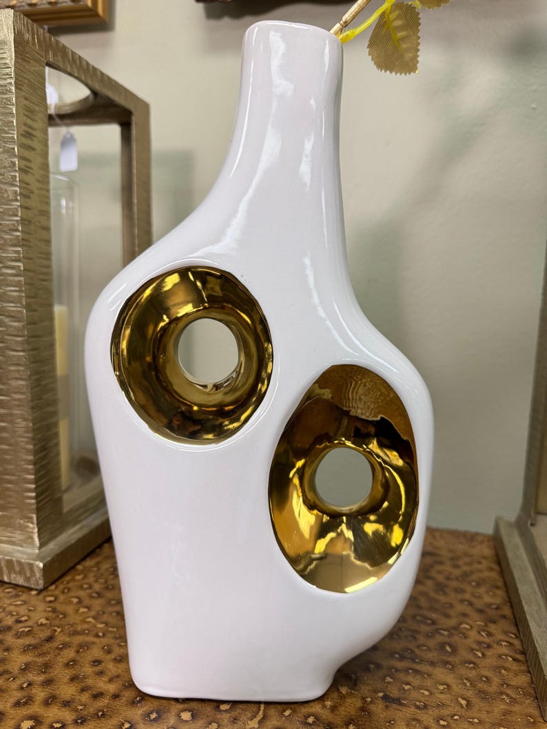 Picture of Modern White Ceramic Vase Gold Accent Sculptural Decor Contemporary Art ...