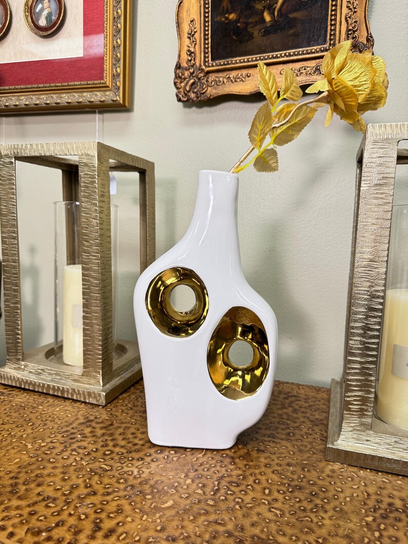 Modern White Ceramic Vase Gold Accent Sculptural Decor Contemporary Art ...