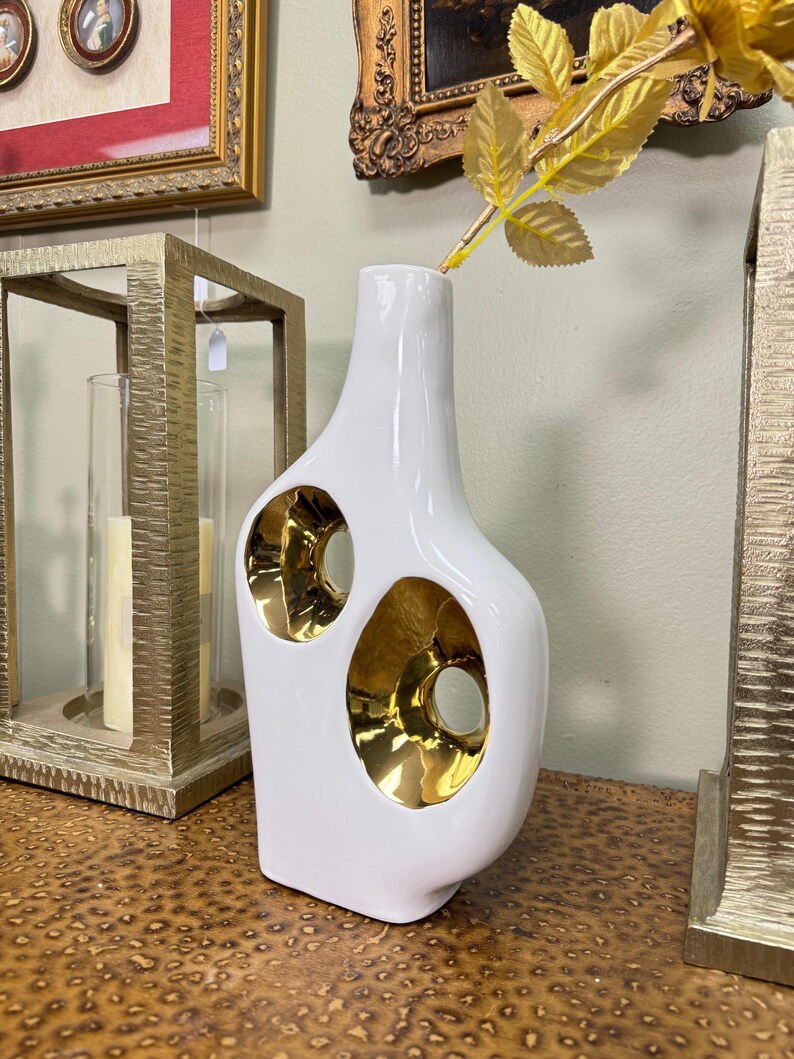 View of Modern White Ceramic Vase Gold Accent Sculptural Decor Contemporary Art ...