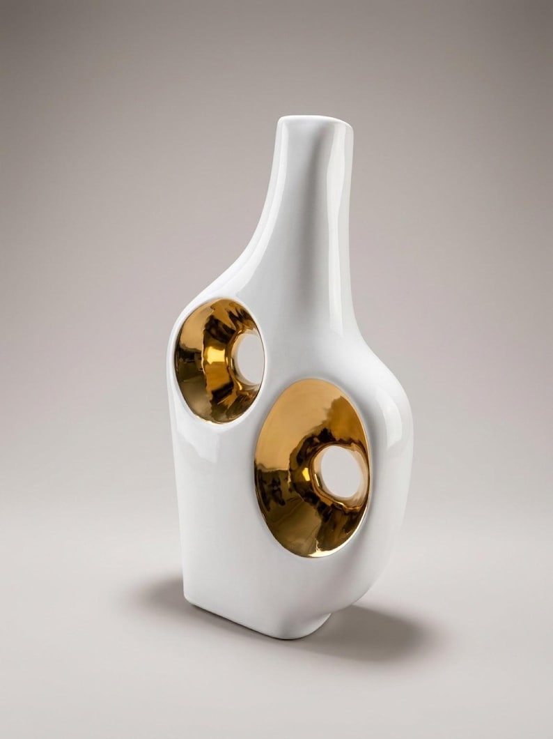 View of Modern White Ceramic Vase Gold Accent Sculptural Decor Contemporary Art ...