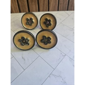 Set of 4 Vintage Floral Decorative Cabinet Knobs - Yellow Enamel & Metal Flower