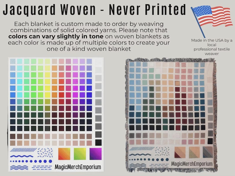 May include: A woven blanket with a color palette chart and a sample blanket. The chart displays a grid of various colors, while the sample blanket showcases a similar color arrangement. The text "Jacquard Woven - Never Printed" is at the top.