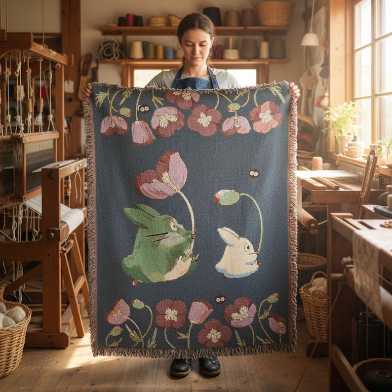 May include: A woven throw blanket in shades of blue, green, pink, and white. The blanket features a design of two cartoon rabbits holding flowers, surrounded by a border of pink flowers. The blanket has a fringed edge.