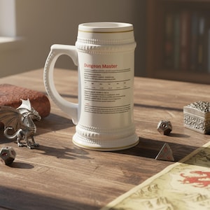 May include: A white ceramic beer stein with the text "Dungeon Master" and a list of game-related information. The stein has a large handle and gold trim. A silver dragon figurine, dice, and a treasure chest are on a wooden table.