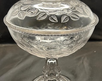 Compota redonda antigua de EAPG de 25 cm de alto con tapa, modelo Cabbage Rose n.° 140 de Central Glass - Circa 1870 - En excelente estado