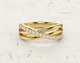 Criss Cross Diamond Ring, X Shaped Statement Ring for Women, Intertwining Multi-Band Ring, Unique Anniversary Gift, Pave Band
