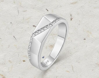 Faceted Geometric Signet Ring | Pavé Diamond Stacking Band for Men Women