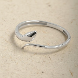 Könnte beinhalten: Ein silberner Schlangenring. Der Ring hat eine glatte, polierte Oberfläche und ein Design, das sich um den Finger wickelt. Der Schlangenkopf befindet sich an einem Ende, mit einem gebogenen Schwanz am anderen.