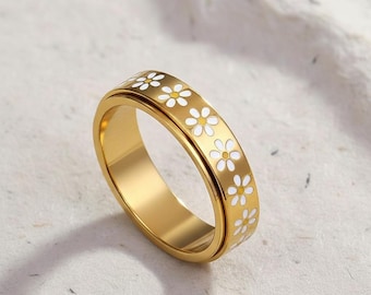 Daisy Fidget Ring voor angst | Emaille bloem spinnerband | 925 sterlingzilveren sieraden met stressverlichting