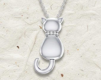 925 Silver Cat Necklace, Diamond Accent Kitty Pendant, Minimalist Pet Jewelry, Whimsical Animal Charm, Birthday Gift for Daughter or Cat Mom
