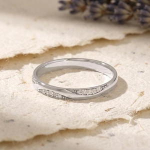 Dainty Twisted Cubic Zirconia Wedding Band, Curvy Stacking Ring for Women, Unique Wave Anniversary Ring, Minimalist Bridal Jewelry