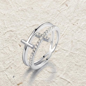 Double Band Cross Ring with Pavé Crystals - Dainty Religious Jewelry - Two-Row Statement Ring for Women