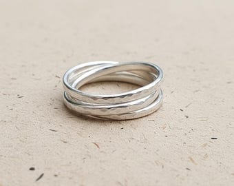925 Sterling Silver Hammered Interlocking Ring, Textured Trio Band, Russian Knot Ring, Minimalist Stackable Jewelry, Gift for Her