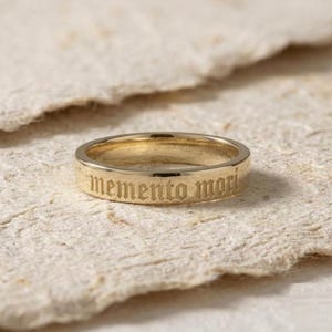 Memento Mori Ring, Gothic Wedding Band, Engraved Old English Font Ring, Alternative Promise Ring, Minimalist Stackable Band