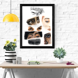 May include: A framed art print featuring a collection of detailed pencil and colored pencil drawings of various human eyes and facial features, with the text Sguardi Rubati centered in the middle of the white background composition.